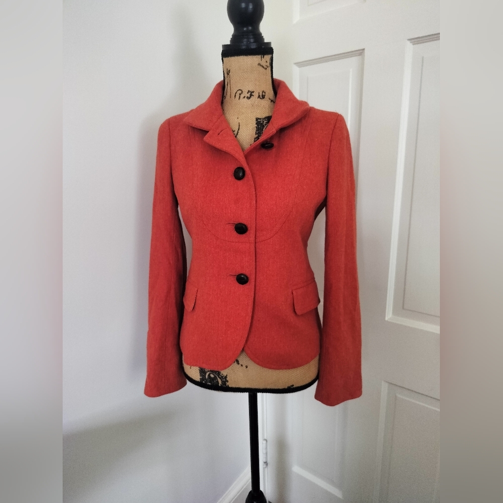 J.Crew Wool With Ruffle Detail Jacket Blazer Women's Leather Button Size 4